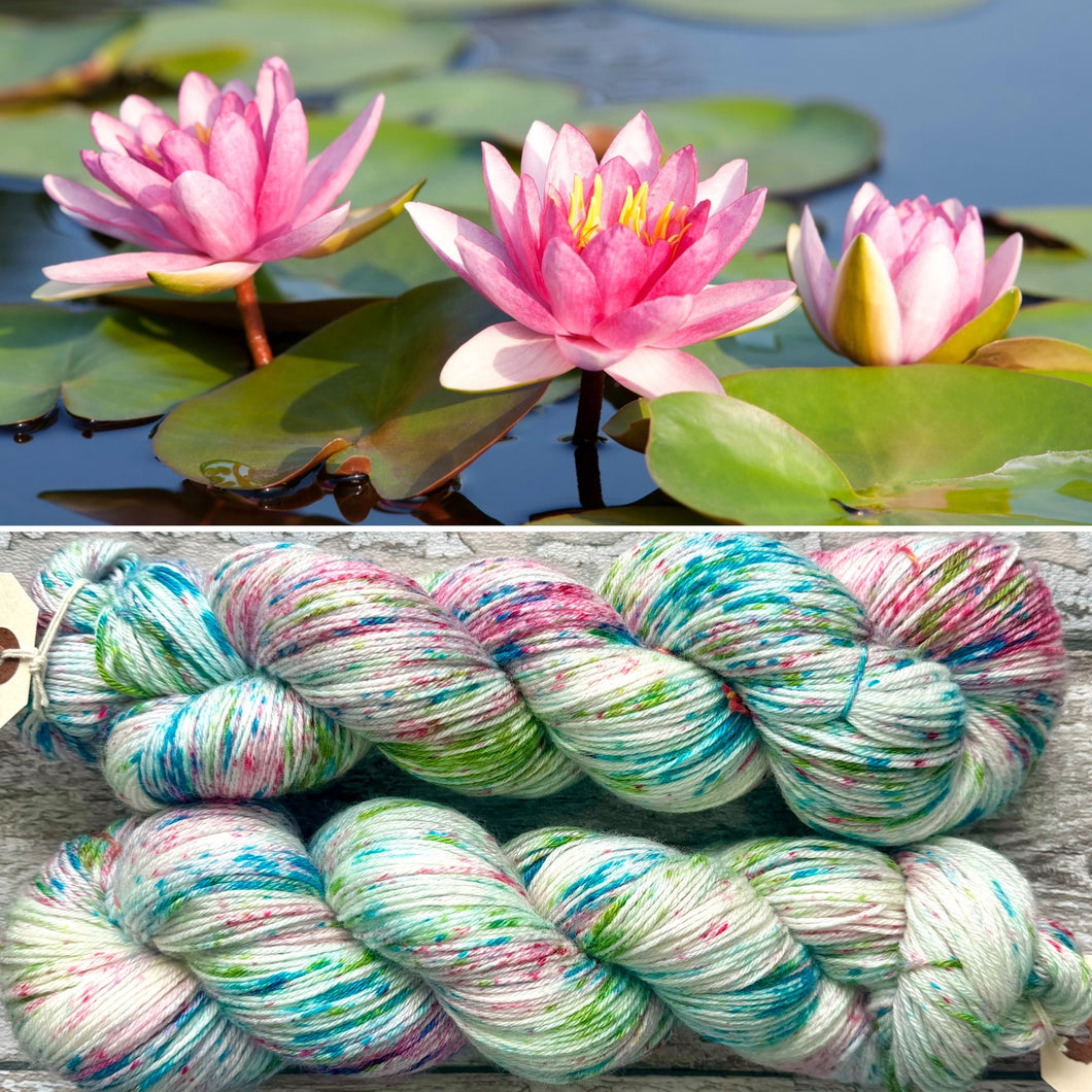 Pink Waterlilies, merino bamboo sock yarn