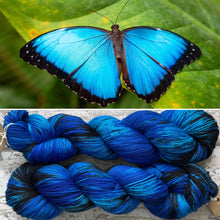 Load image into Gallery viewer, Blue Morpho Butterfly, merino nylon sock yarn