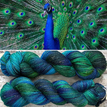 Load image into Gallery viewer, Peacock, merino mermaid sparkle sock yarn