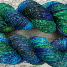Load image into Gallery viewer, Peacock, merino mermaid sparkle sock yarn
