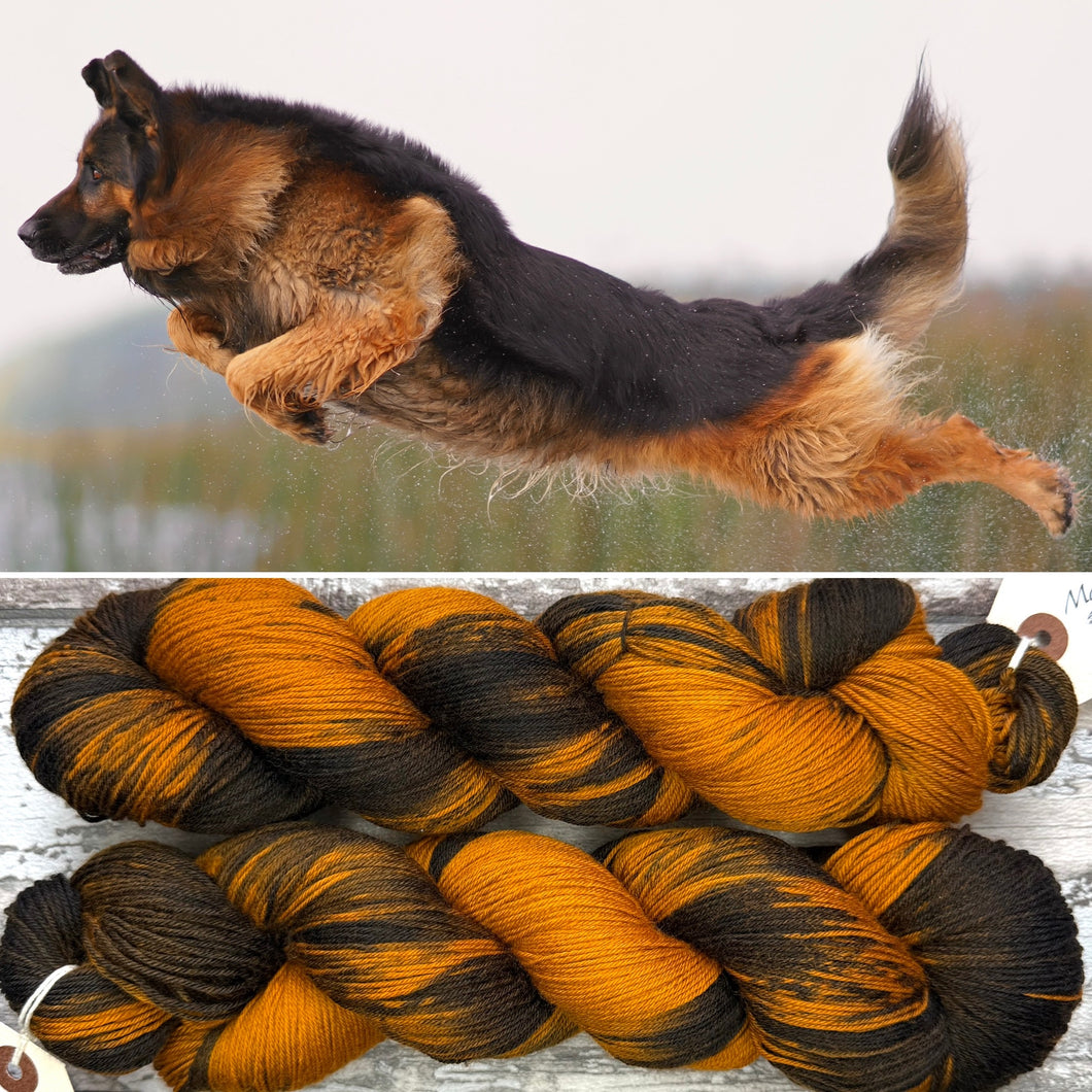 German Shepherd (Black/Tan) Dog, merino nylon sock yarn