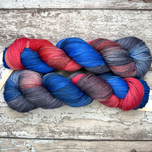 Eurasian Jay in Flight, merino nylon sock yarn